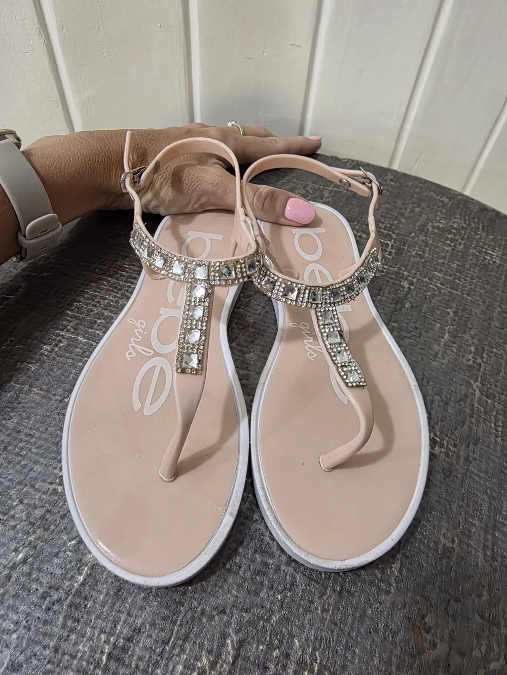 bebe Blush Jeweled T-Strap Sandals